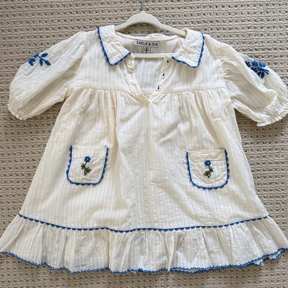 Emile & Ida Cream Dress with Blue Embroidery